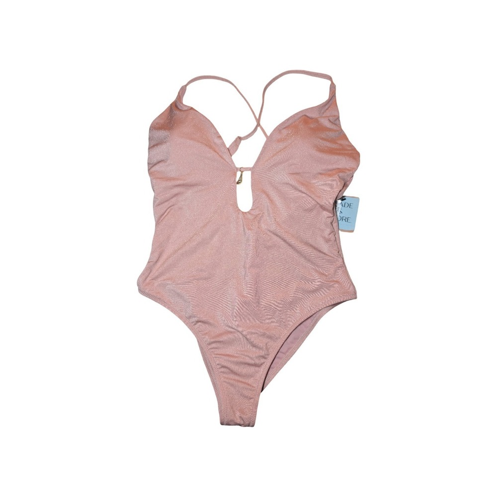 ⭐D3 Women's Shell Charm Plunge Neck One Piece Swimsuit Rose Pink Shimmer - M ⬇️